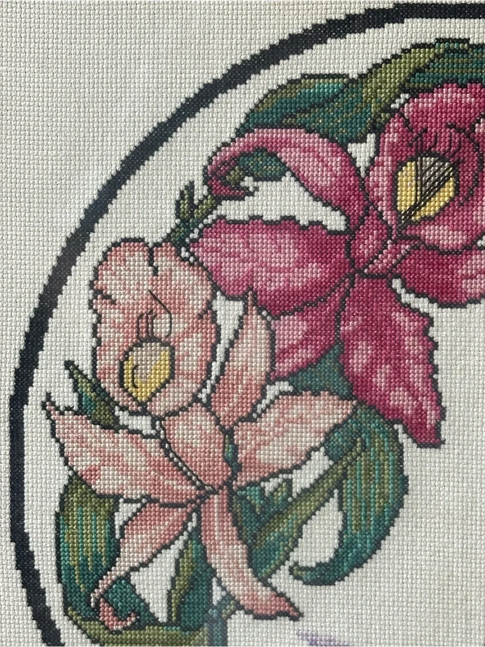 VTG Completed Hummingbird & Orchid Framed Cross Stitch